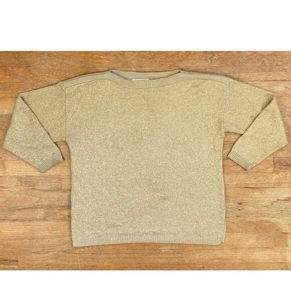 Vintage Metallic Gold Sweater Size XL 90s Knit Acrylic Boat Neck - Picture 1 of 4
